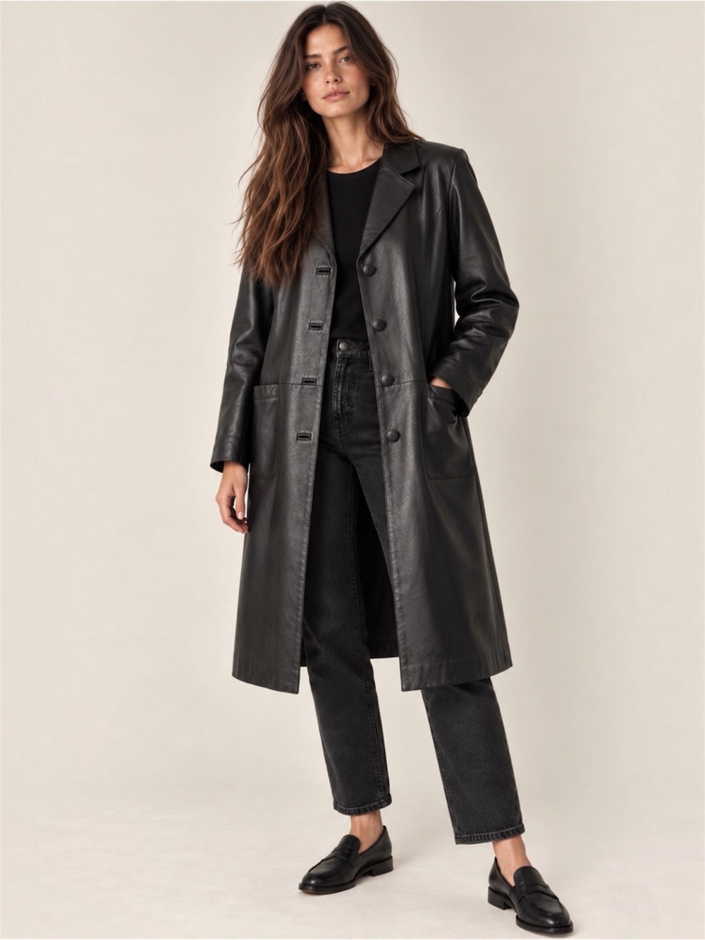 Danier Black Genuine Leather Long Coat Vintage Minimalist Blazer 12-14 Large